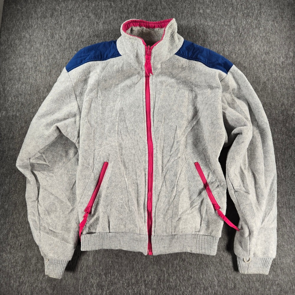 Vintage IZOD Fleece Jacket Womens L Gray Pink Blue Full Zip Colorblock 90s